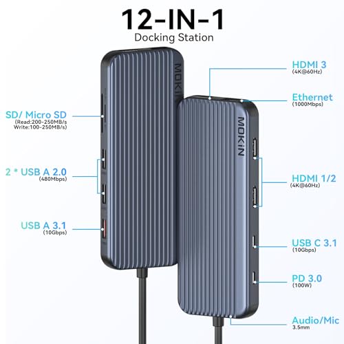 USB C Docking Station 3 HDMI, 12 in 1 Triple Monitor Display - Image 2