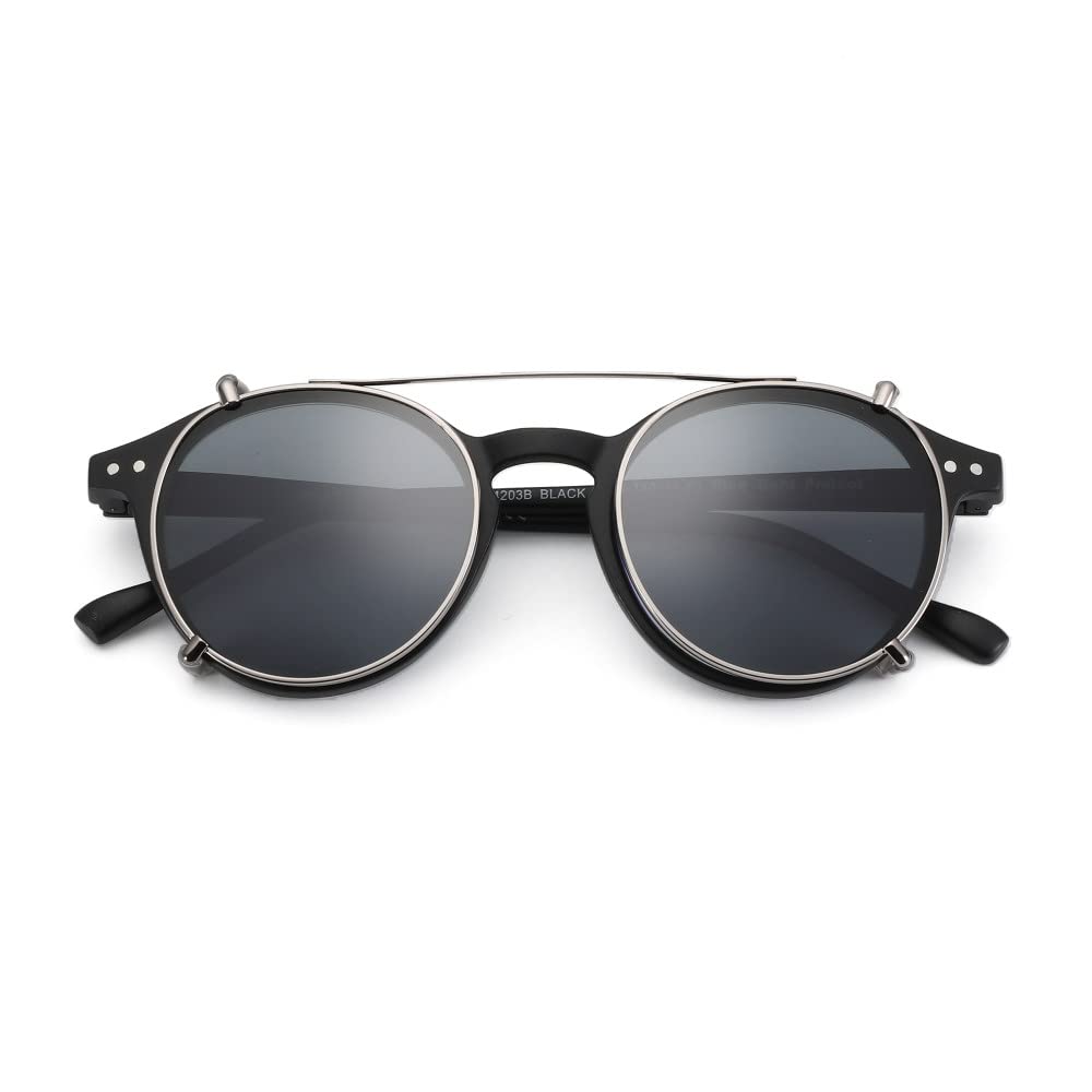 Retro Doppia Lente Flip Up Clip su Occhiali da Sole Stile Steampunk Uomo Donna Cerchio Occhiali Anti Luce Blu Clip Polarizzanti,NERO,SIL CLIP,Come Immagine