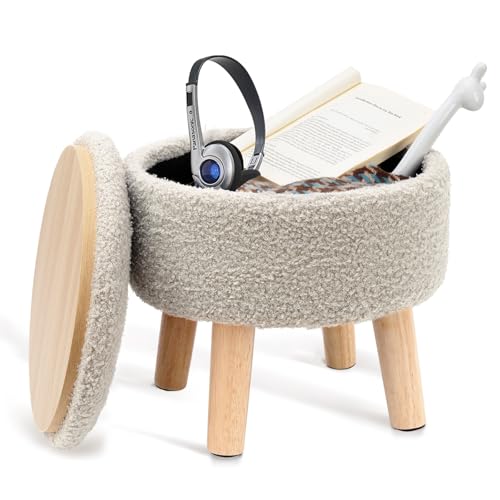 BRIAN & DANY Puff Almacenaje Pequeño, Taburete Redondo con Almacenamiento con Patas de Madera, Reposapiés Sofa Otomana con Tapa para Dormitorio Salon Entrada, Ø 32x32 cm, Teddy, Gris