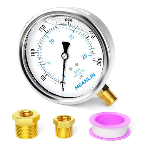 MEANLIN MEASURE 0~300Psi Stainless Steel 1/4" NPT 4" FACE DIAL Liquid Filled Pressure Gauge WOG Water Oil Air Lower Mount, with 1/2" NPT and 3/8" NPT Hex Bushing