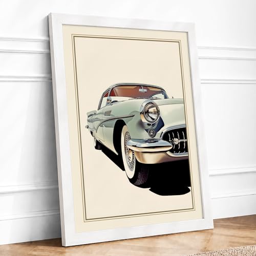 Image of Automobile, Cream and Brown Vintage Framed Wall Art Print A2 White Frame