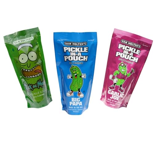 Van Holtens Pickles 3er Mix Zufällige Auswahl aus 5 Sorten (Pickle Rick Sour Sis Hot Mama Garlic Joe & Big Papa) | Amerikanischer Snackklassiker | Original USA-Import | Einzeln verpackt