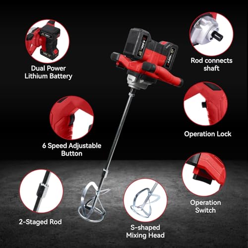 ONEVAN Akku Mörtelrührer, 40V Bürstenlos Farbmörtelrührer mit 2 4000mAh Akkus, 6-Gang-Getriebe, Elektrisch Rührwerk Farbrührer Betonrührer für Farbe, Gips, Zement, Mörtel