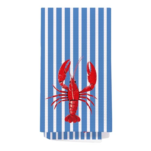 Image of SPBL&L Red Lobster Kitchen Towels, Ocean Beach Crawfish Decorative Dish Tea Towels for Kitchen, Retro Blue and White Striped Coastal Nautical Hand Towels for Bathroom, 16x24 Inch