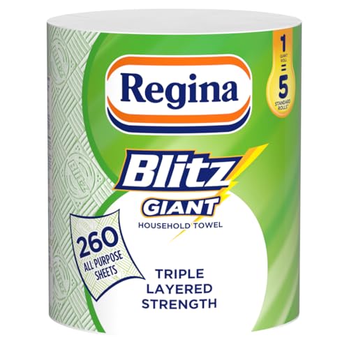Regina Blitz Giant – 1 Roll Multi-Purpose Household Towels, 3 Ply, 260 Sheets Per Roll, Triple Layered Strength, Household Towels Made With Virgin Pulp, Recyclable Paper Packaging, and FSC Certified