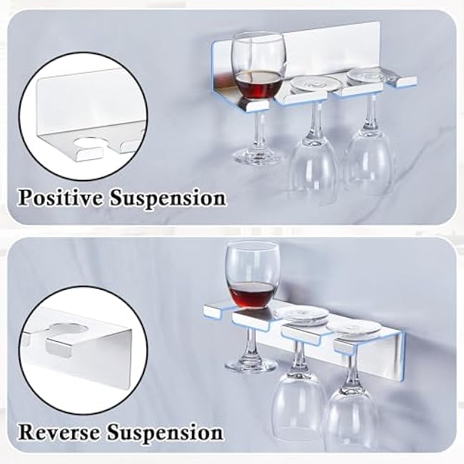 2 Pack Wine Glass Rack Wall Mounted, Hanging Stemware Storage Wine Glasses Holder, Stainless Steel Wine Cup Holder Organizer for Shelf, Kitchen, Bar, Silver