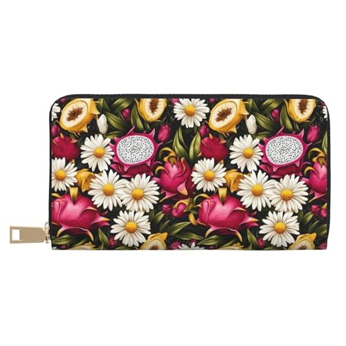 Leather Thin Slim Wallets for Women & Men - Daisy Dragon Fruit Print Card Wallet Holder with Zipper