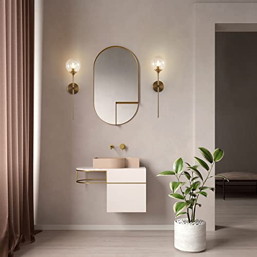 Image of BOKT Brass Gold Wall Sconce Lighting Set of 2 Mid Century Modern Long Globe Wall Sconce Light Set of Two Amber Glass Bathroom Vanity Light Fixture Bedroom Wall Lamp (Amber)