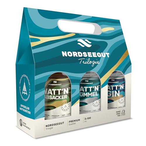NORDSEEGUT WATT'N Trilogie Geschenkset, 3x100ml Spirituosen Set mit Gin 42% Vol. Kümmel 32% Vol. und Absacker 30% Vol, Friesische Nordsee Kollektion in Tragetasche