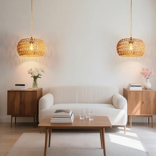 Image of Hanging Light Lamp Shades Boho Rattan Lamp Shades, Woven LampShades for Floor Lamps Rattan Pendant Lights Boho Lamp Ceiling Light, Table Lamps, Plug in Pendant Light