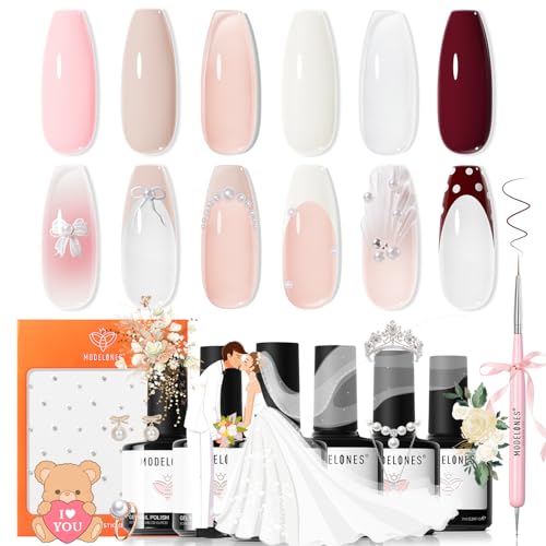 Image of modelones Gel Nail Polish Set -6 Colors Nude Pink White Gel Polish Kit Skin Tones Brown Milky White French Jelly Nail Gel Polish Nail Art Salon DIY Gift with Pearl Stickers & Nail Dotting-Liner Brush