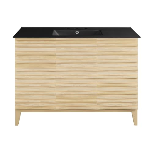 Image of Swiss Madison Cascade 48 in. Natural Oak Bathroom Vanity with Black, 3-Hole Ceramic Sink Top