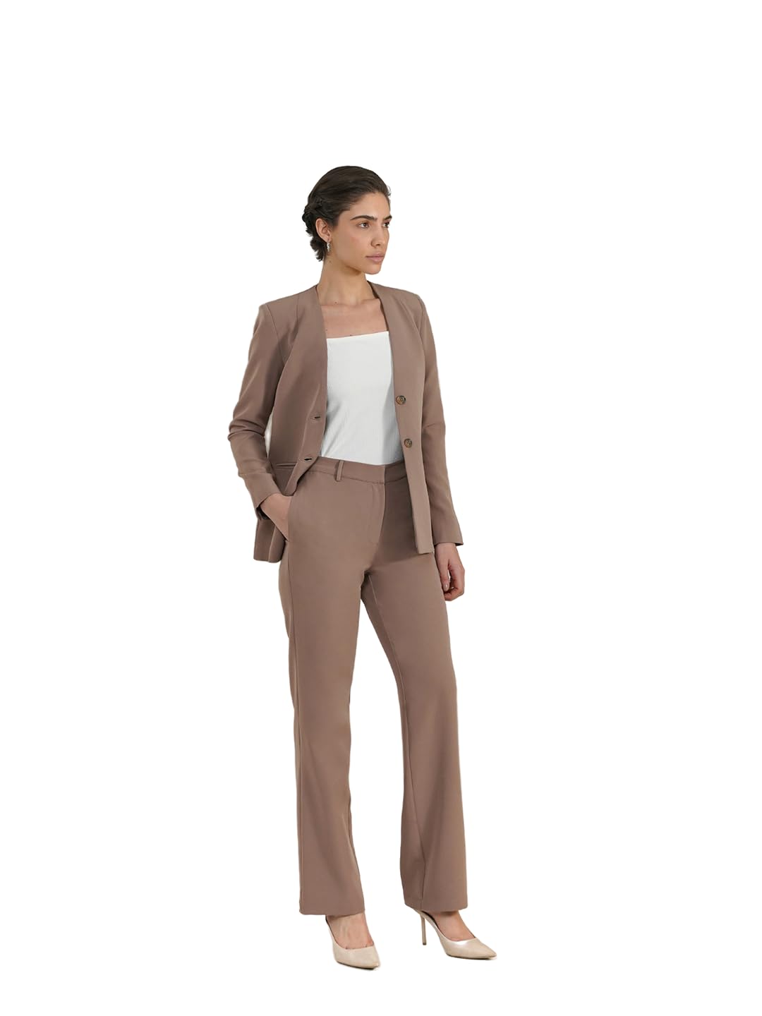 Women Formal Blazer & Straight Trousers | Tailored Fit V-Neck Long Sleeve Solid Pattern | Premium Crepe Fabric with Pockets for Office & Business Wear-image-38