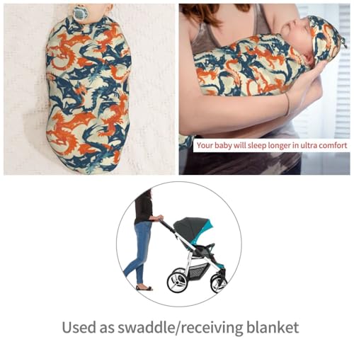 Image of Western Dragons Newborn Swaddle Blankets Hat Sets Soft Baby Receiving Blanket Swaddle Sack for Baby Shower Infant Boy Girl Gift