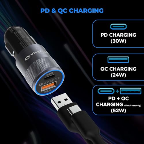 Image of MOZEN by Amkette PowerPro 52W Car Charger Type C+USB A Dual Port Car Charger Socket, Fast Charging, Metallic shell with ABS Build, Safety Protections, Multi-Device Compatible - Mobiles, Tablets & More