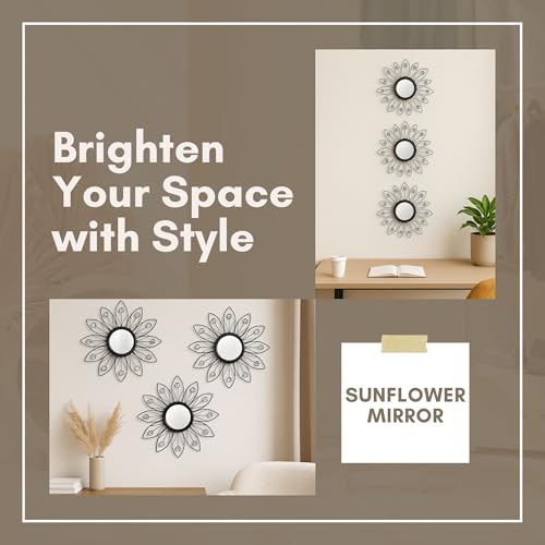 Image of Metal Sunflower Mirror Wall Decor with Crystal Decorative Mirror Wall Mounted | Mirror Wall Decor for Living Room | Beautiful Modern Designer | Hanging Mirror Sculpture Set of 3 (Crystal Black)