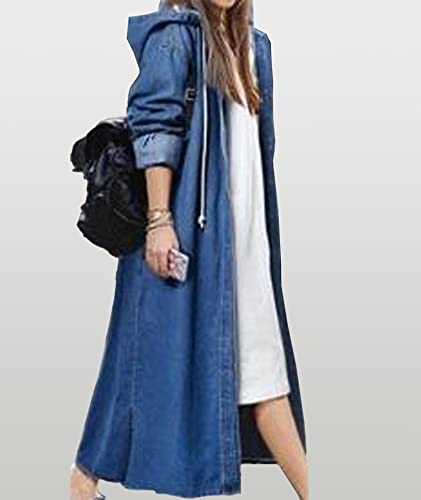 Raboolion Women's Long Denim Hooded Jacket Oversized Drawstring Button Trench Jean Jacket Coat3