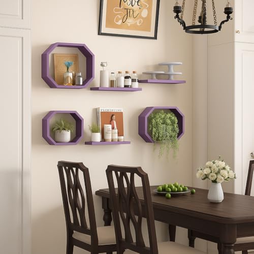 Image of Wall Mounted Floating Shelves Set of 6, Multipurpose Display, Book, Storage & Decor Shelves, Octagon Shape Wooden Wall Shelf for Living Room, Bedroom, Kitchen (Purple)