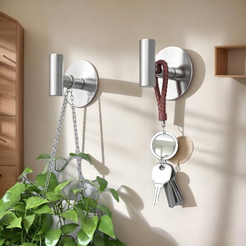 Image of Heavy Duty Self-Adhesive Coat Hooks, Stainless Steel Towel Hooks for Bags, Towels, Robes, Hats, Aprons - No Drill Bathroom, Kitchen, Hotel Wall Hooks (2 Pack, Silver)