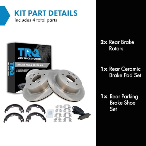 Image of TRQ Rear Brake Pad and Rotor Set Ceramic Parking Brake Shoes Compatible with 2011-2022 Nissan LEAF 2008-2013 Rogue 2014-2015 Rogue Select