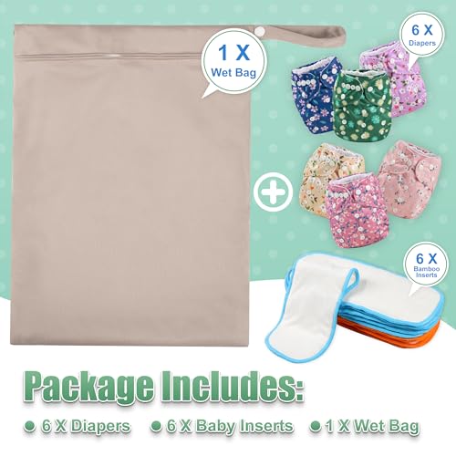 Image of Wegreeco Cloth Diapers 6 Pack with Inserts & Wet Bag, Washable Reusable Diapers for Babies, One Size Adjustable (Chrysanthemum)