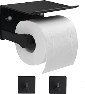 BUYGOO Toilet Paper Holder with Shelf,Mounted Toilet Paper Roll Holder,Self Adhesive Toilet Paper Holder with Phone Shelf,Toilet Paper Roll Holder,Black Tissue Roll Holder with 2 Pcs Towel Robe Hooks