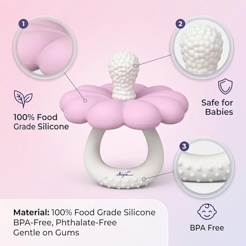 Image of Signamio Silicone Teether for Baby, BPA Free - Food Grade, Non Toxic PVC Free, Easy Grip Handle, Soft Edges, Baby Teethers for 6 to 12 Months, Teethers for 3 to 6 Months, Soft - Pink