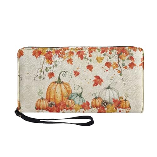 Fall Long Wallet for Women Pumpkin Maple Leaf Print Large Capacity Travel Shopping Money Wallet with Wristlet Strap Card Holder Organizer Metal Zipper Long Purse for Cash,Coin,Bill