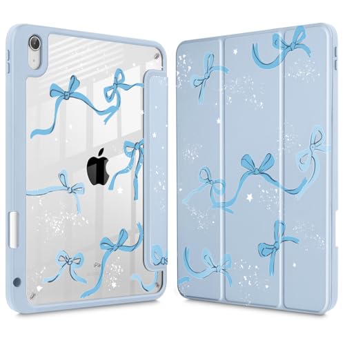 Tuiklol Case for iPad 11 inch (A16 Chip) 2025 Generation 11th / iPad 10.9 inch 2022 10th Gen, Buit in Pencil Holder with Shockproof Cover Clear Transparent Back Shell Auto Wake/Sleep, Bow-Blue