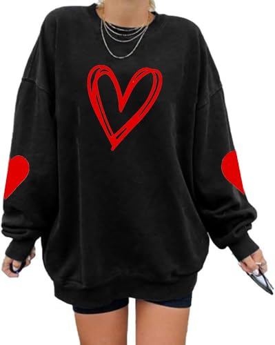 Womfashi Valentines Sweatshirts for Women Valentines Shirts Valentine's Gifts Oversized Heart Long Sleeve Shirt A-black
