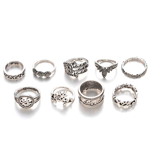 SEniutarm Engagement Love Rings Wedding Bands 9Pcs Women Retro Carving Sunflower Hamsa Hand of Fatima Hollow Knuckle Rings Set for Women/Girl Finger Rings DIY Jewelry Gifts - Silver