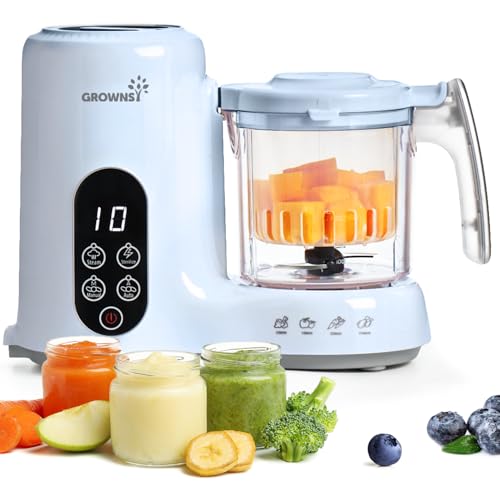 Image of Grownsy Baby Food Maker with Steam Basket, One Step Baby Food Processor Steamer Puree Blender Grinder Mills Machine, Auto Cooking Grinding and Sterili-zing for Healthy Homemade Baby Food, Blue