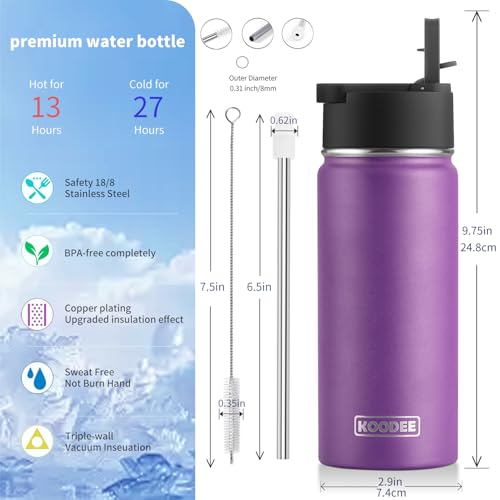 Image of koodee Water Bottle 16 oz Stainless Steel Double Wall Vacuum Insulated Water Bottle for Kids School -Wide Mouth Sports Metal Water Flask for Girls(Purple)