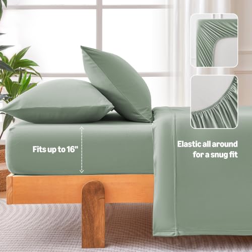Image of Amazon Basics Jersey Knit 4-Piece Sheet Set, Wrinkle Resistant and Easy Fit, Includes 16 inch Deep Pocket Fitted Sheet, 1 Flat Sheet and 2 Pillowcases, Full, Sage Green