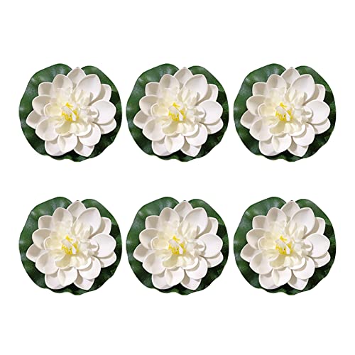 JIHUOO 6 Pcs Large Floating Artificial Lotus with Water Lily and Faux Lily Pads for Fish Pond - White