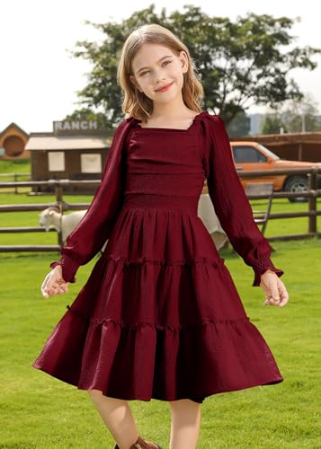 HOZIY Girls Long Sleeve Dress Ruched Smocked Tiered Ruffle A-Line Casual Boho Teen Dresses with Pocket Size 6-16 Years