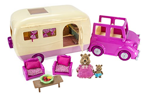 Liâ€™l Woodzeez Happy Camper â€“ Pink Toy Car with Family Caravan â€“ 40pc Playset with Toy Furniture, Food, and Kitchen Accessories â€“ Gifts for Kids Age 3+