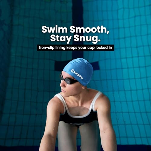 Image of Rainbow Silicone Swimming Cap for Men, Women & Kids | Stretchable Swim Cap for Long & Short Hair | Durable, Waterproof & Comfortable Fit - Blue