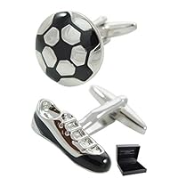 COLLAR AND CUFFS LONDON - Premium Cufflinks with Presentation Gift Box - Football and Boot - Solid Brass - Sport Fan Match Game Round Soccer - Silver & Black Colours