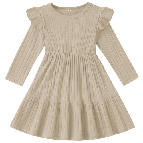 Toddler Girls Dresses Ribbed Knit Ruffle Baby Fall Winter Long Sleeve Toddler Dresses for Girls Casual Birthday Party