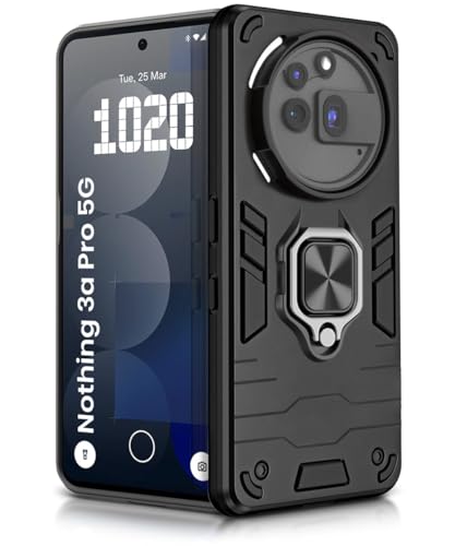 Image of WOW IMAGINE Shock Proof Back Case Mobile Cover for Nothing Phone 3a Pro | Back Cover Case (Tough Armor | Hybrid PC + TPU | Ring Holder & in-Built Kickstand | Black)