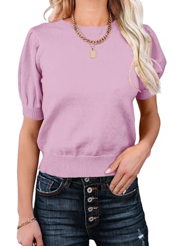 Image of Womens Puff Short Sleeve Sweater Tops Crewneck Basic Knit Pullover Lightweight Casual Sweaters Violet
