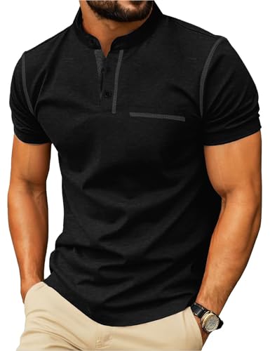 Mens Henley T-Shirts Short Sleeve Summer Casual Crew Neck Tshirt Tops with Front Pocket Black M
