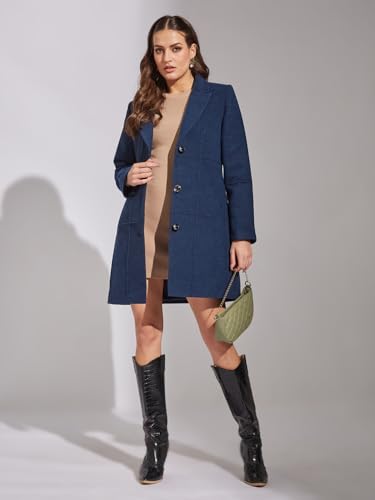 Image of Latin Quarters Women Blue Full Sleeve Casual Solid Coat
