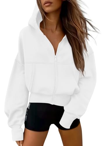 PRETTYGARDEN Womens Zip Up Y2K Hoodies 2026 Fall Fashion Long Sleeve Hooded Fleece Sweatshirts Casual Jacket Winter Clothes (White Medium)