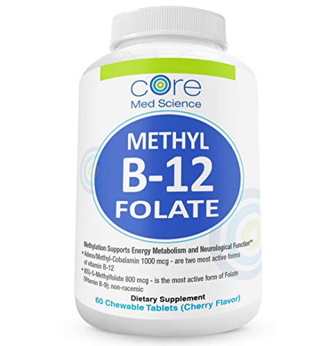 Active B12 + L-5-MTHF (Folate) LOZENGES | "Quatrefolic" 800 mcg | High Potency Methyl Folate B9 + 1000 mcg Vitamin B12 (Methyl B12 & Adenosyl B12) - Cherry Flavor 60 Lozenges by Core Med Science