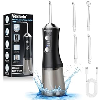 Vexloria Idropulsore Dentale Portatile, 300ML Irrigatore Orale Senza Fili, Water Flosser 3 Modalità E 4 Ugelli, IPX7 Impermeabile Irrigatore Idropulsore Pulizia Denti Ideale, nero chiaro
