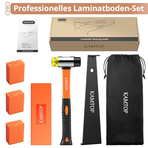 Kamtop 63 tlg.Verlegeset Parkett Nivelliersystem Laminat Parkett Holzfußboden Installations Set Laminat Verlegeset mit 60x Montagekeile, 1x Schlagklotz, 1x Zugstange, 1x Doppelseitiger Hammer