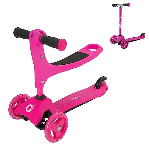 EVO Patinete Cruiser 3 en 1 rosa | Altura del mango ajustable | Diseño intercambiable de 3 etapas | Patinete sentado en scooter de empuje de 2 ruedas | Primer patinete ideal para niños de 1 a 7 años