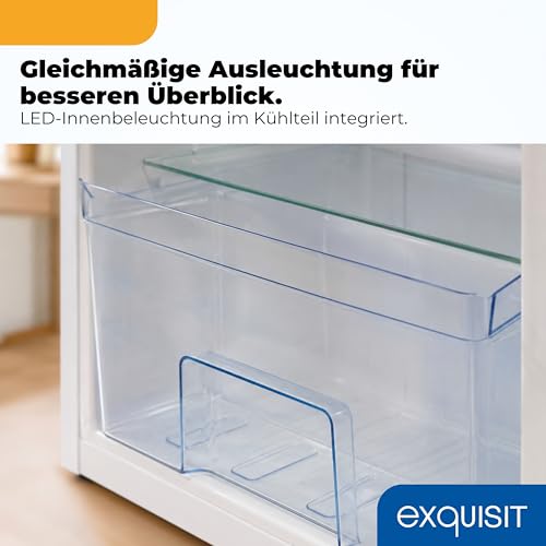 Exquisit Vollraumkühlschrank | 76 l Nutzinhalt, Energieeffizienzklasse E, 41 dB(A) | kompakt, LED-Innenbeleuchtung, manuelle Temperaturregelung, Glasablagen, Gemüseschublade | KS585-V-091E weiss